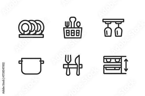 Dishwasher Icon Set. Outline icon set of dishwasher loading: plate rack, cutlery basket, glass holder, cup rack, large pot space, utensil clip, foldable tines,