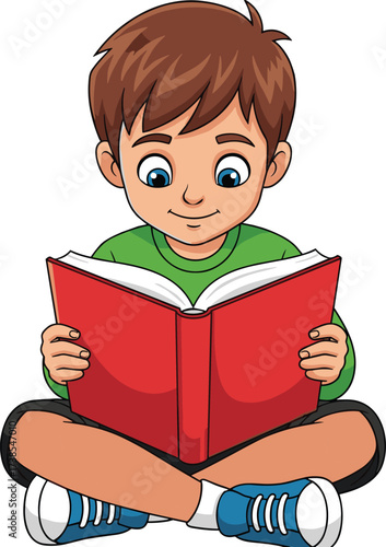 Cartoon child reading red book while sitting cross-legged, educational illustration for kids, promoting literacy, learning, focus, and reading habits