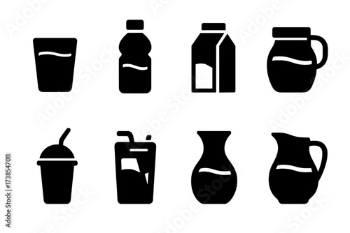 Juice Container Icons. Solid, filled icon set of juice containers: glass cup, plastic bottle, juice carton, mason jar, takeaway cup with straw, juice pouch,