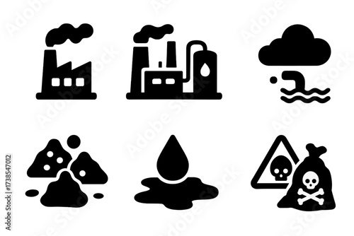 Toxic Environment Icons. Solid, filled icon set of toxic environments: polluted factory, chemical plant, contaminated river, smog cloud, waste dump, oil spill,
