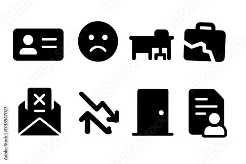 Job Loss Icons. Solid, filled icon set of job loss: unemployment card, sad person, empty desk, broken briefcase, dismissal letter, downward arrow, closed door,