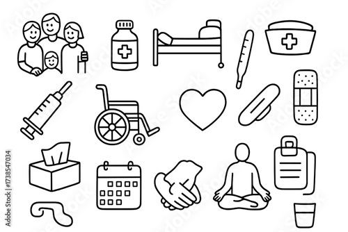 Family Care Essentials Icons. Hand-drawn doodle illustration Family caregiving essentials supportive family members, hospital bed, medicine bottle, nurse hat,