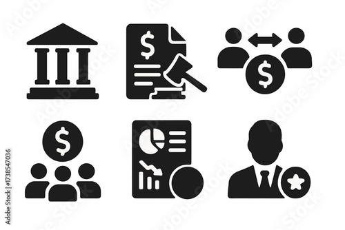 Bankruptcy Process Icons. Solid, filled icon set of bankruptcy process: court building, legal document, gavel, debt negotiation, creditor meeting, financial