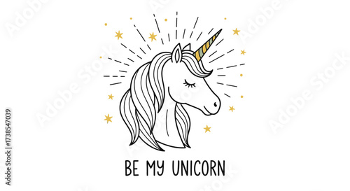 Magical Unicorn Head with Golden Horn and Sparkling Stars a Whimsical Fantasy Creature illustration