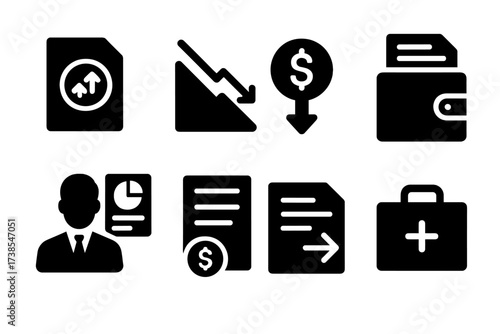 Investment Icons Grid. Solid, filled icon set of investment withdrawal: mutual fund file, chart with down arrow, fund outflow, profit cash, account close icon,