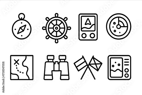 Destroyer Navigation Icons. Outline icon set of destroyer navigation tools: compass, helm wheel, GPS device, radar screen, nautical chart, binoculars, signal