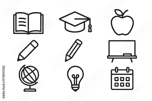 Educational Icon Set. Outline icon set of educational nurture: book, graduation cap, pencil, apple, chalkboard, globe, light bulb, calendar. Line icons in only