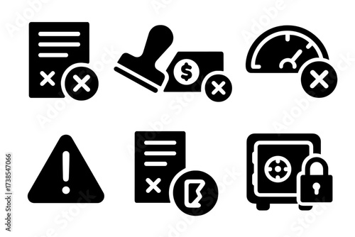 Loan Refusal Icons. Solid, filled icon set of loan refusal icons: crossed contract, denied stamp, blocked cash, failed credit score, warning alert, rejected