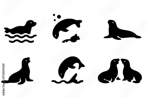 Seal Behavior Icons. Solid, filled icon set of seal behaviors: swimming, diving, sunbathing, hunting, barking, leaping, resting, playing. Solid, filled icons