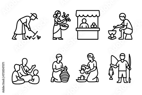 Rwandan Daily Life Icons. Outline icon set of Rwandan daily life: Farming, Coffee harvesting, Market stall, Cooking fire, Storytelling, Basket weaving, Tea
