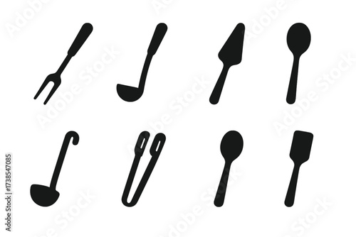 Serving Tools Icons. Solid, filled icon set of serving tools: meat fork, soup ladle, cake server, salad spoon, punch ladle, buffet tong, risotto spoon, serving