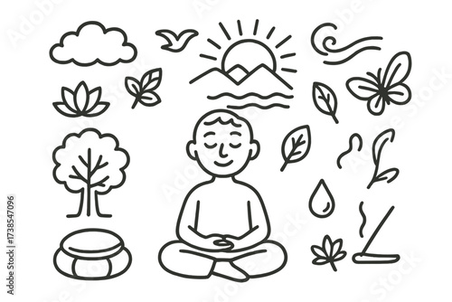 Mindful Sunrise Doodle. Hand-drawn doodle illustration A person practicing mindfulness meditation, sitting cross-legged at sunrise person meditating, sun