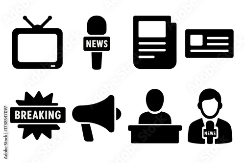 News Media Icons. Solid, filled icon set of news presentation: TV screen, radio microphone, newspaper headline, news ticker, breaking news banner, loudspeaker,