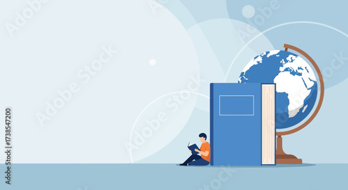 A young student engrossed in reading a book leans against large educational volumes near a vintage globe symbolizing a journey of knowledge and exploration across the world discovering new horizons