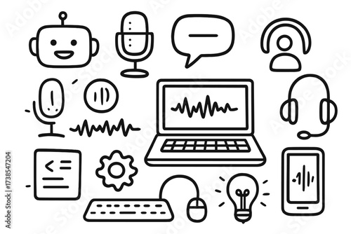 Conversational AI Doodle. Hand-drawn doodle illustration designing conversational AI chatbot, microphone, speech bubble, laptop, voice command icon, user