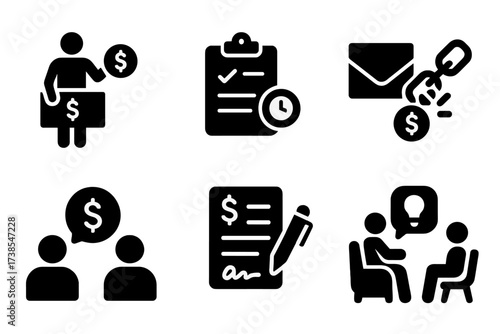 Debt Management Icons. Solid, filled icon set of liquidation debt management: debt collection, payment plan, overdue notice, debt forgiveness, creditor