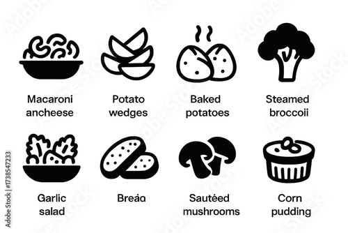 Classic Side Dishes Icons. Solid, filled icon set of classic side dishes: macaroni and cheese, potato wedges, baked potatoes, steamed broccoli, Caesar salad,
