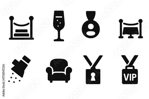 VIP Icon Set. Solid, filled icon set of VIP guest elements: red carpet, velvet rope, champagne glass, special badge, reserved table, spotlight icon, private