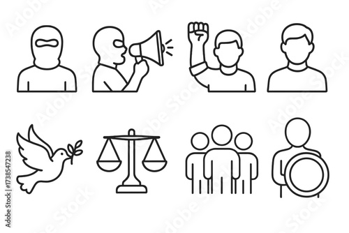 Rebellion Leaders Icons. Outline icon set of rebellion leaders: masked figure, megaphone speaker, fist raised, leader silhouette, clenched hand, banner holder,