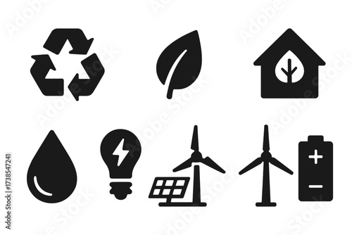 Sustainable Energy Icons. Solid, filled icon set of sustainable geothermal use: recycling symbol, green leaf, energy saving, eco home, water conservation,