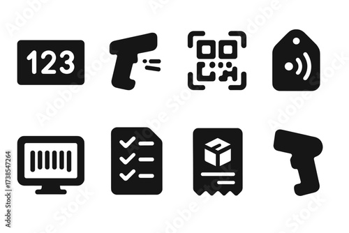 Shipment Icons Set. Solid, filled icon set of shipment codes: numeric label, barcode scanner, QR scanner, RFID tag, digital screen, inventory list, parcel