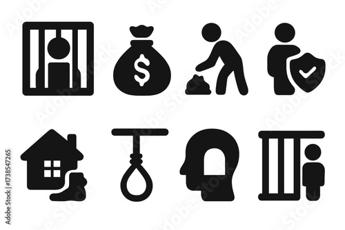 Punishment Outcomes Icons. Solid, filled icon set of punishment outcomes: imprisonment, fine, community service, probation, house arrest, death penalty,