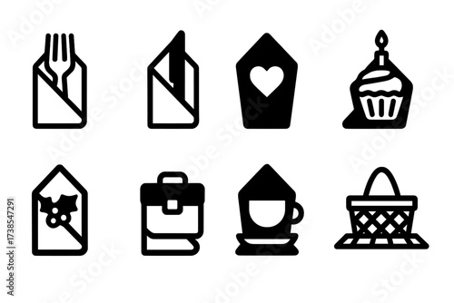 Napkin Icons Grid. Solid, filled icon set of napkin occasions: formal dinner, casual lunch, wedding reception, birthday party, holiday feast,