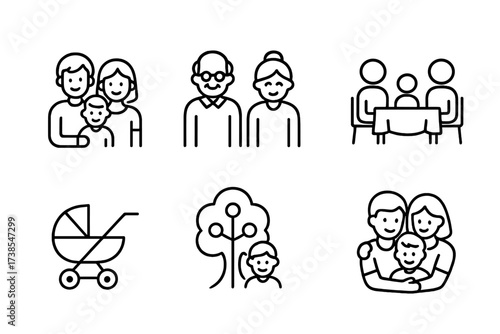 Family Icon Set. Outline icon set of family moments: parents and children, grandparents, family home, family dinner, baby carriage, family tree, siblings,