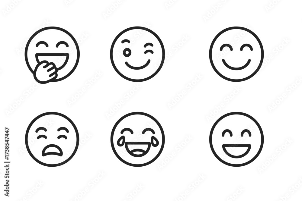 Fototapeta premium Expressive Laughter Icons. Outline icon set of expressive laughter: belly laugh, cheeky smile, closed eyes smile, snorting laugh, funny tears, happy face,