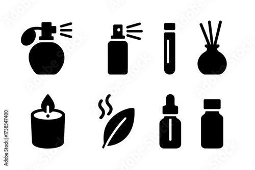 Perfume Icons Collection. Solid, filled icon set of perfume and fragrance: perfume bottle, spray, vial, scent notes, diffuser, candle, essential oil, sample
