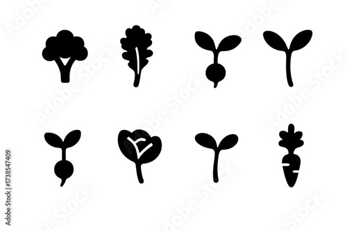 Sprouting Vegetable Icons. Solid, filled icon set of sprouting vegetables: broccoli sprout, kale sprout, radish sprout, sunflower sprout, beet sprout, cabbage