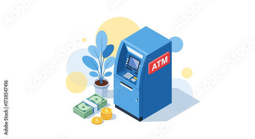 Automatic Teller Machine Dispensing Cash and Coins Beside a Potted Plant Illustration
