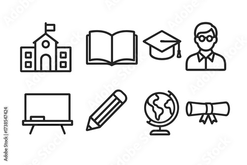 Education Icon Set. Outline icon set of education in raising: school building, book, graduation cap, teacher, chalkboard, pencil, globe, diploma. Line icons in