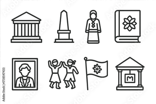 Cultural Heritage Icons. Outline icon set of cultural heritage: ancient temple, historical monument, traditional costume, folklore book, ancestral portrait,