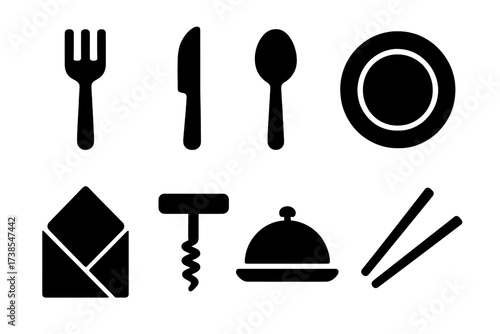 Feast Utensil Icons. Solid, filled icon set of feast utensils: fork, knife, spoon, plate, napkin, wine opener, serving tray, chopsticks. Solid, filled icons in