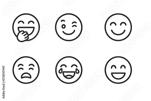Expressive Laughter Icons. Outline icon set of expressive laughter: belly laugh, cheeky smile, closed eyes smile, snorting laugh, funny tears, happy face,