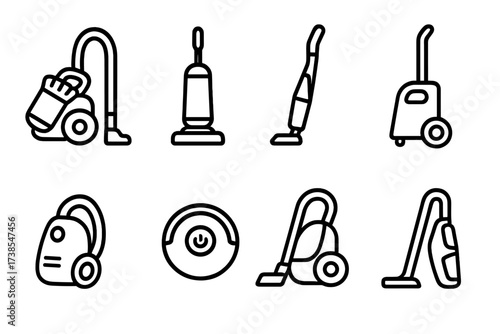 Vacuum Brands Icon Grid. Outline icon set of vacuum cleaner brands: Dyson, Hoover, Shark, Miele, Bissell, Roomba, Eureka, Black+Decker. Line icons in only