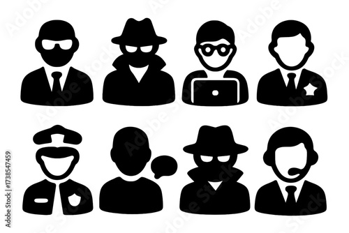 Agency Icon Grid. Solid, filled icon set of agency personnel: agent, detective, analyst, supervisor, security guard, informant, spy, negotiator. [Line icons in
