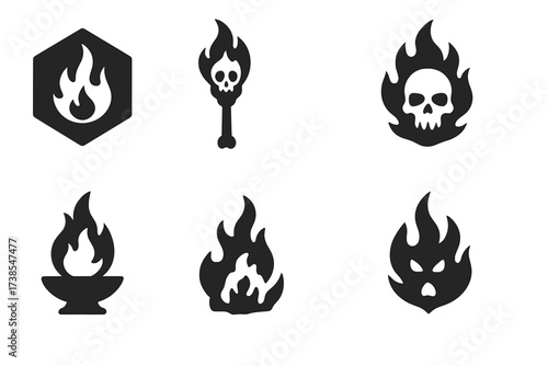 Cursed Flames Icon Set. Solid, filled icon set of cursed flames: hex fire, skeletal torch, haunted candle, fire skull, infernal brazier, dark ember, flame