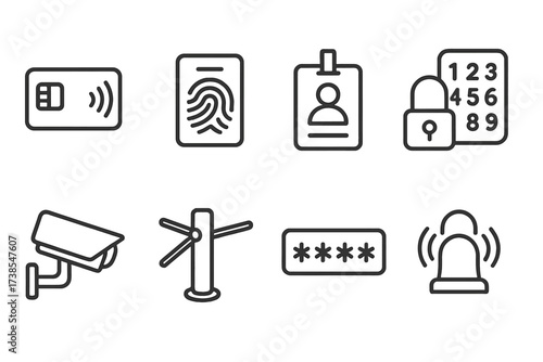 Security Access Icons. Outline icon set of access control: keycard, biometric scanner, security badge, keypad lock, security camera, turnstile, password input,