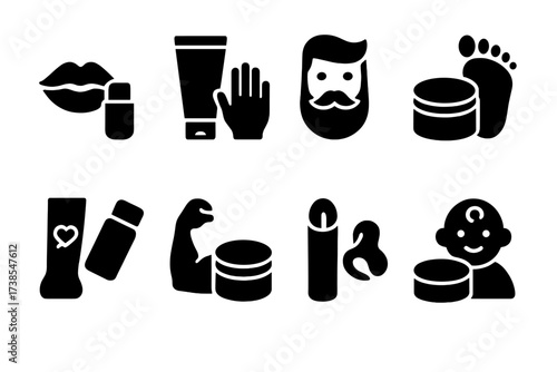 Balm Icons Grid. Solid, filled icon set of solid balm types by usage: lip care, hand care, beard grooming, foot care, tattoo healing, muscle relief, cuticle