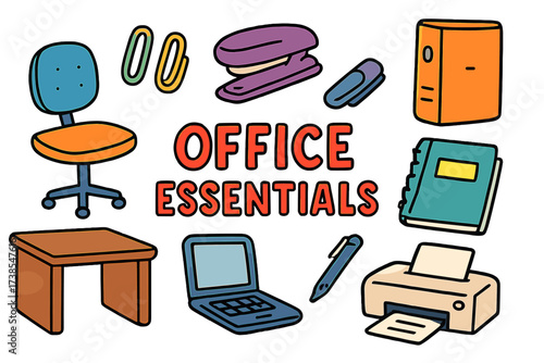 Colorful Office Doodles. Office essentials. Colorful Hand-drawn doodle Children illustration office essentials desk, chair, stapler, paper clips, binder,