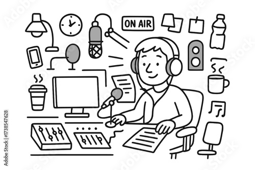 Radio Host Essentials. Hand-drawn doodle illustration Radio host at work microphone, headphones, script, coffee cup, computer, timer, soundboard, chair, notes,