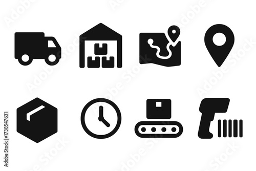 Logistics Icon Set. Solid, filled icon set of recipient logistics: delivery truck, warehouse, map route, GPS pin, package box, clock, conveyor belt, barcode