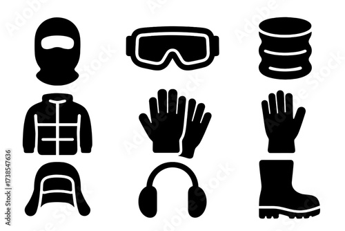 Windburn Safety Gear Icons. Solid, filled icon set of windburn safety gear: face mask, goggles, neck gaiter, insulated jacket, thermal gloves, windproof hat,