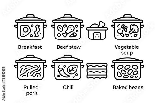 Slow Cooker Icon Set. Outline icon set of slow cooker meal types: breakfast casserole, beef stew, chicken curry, vegetable soup, pulled pork, chili, lasagna,