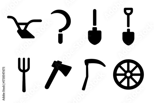 Iron Farming Tools. Solid, filled icon set of iron tools for farming: iron plow, iron sickle, iron hoe, iron shovel, iron pitchfork, iron axe, iron scythe,