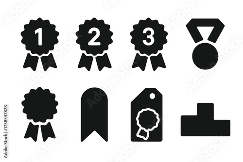 Award Ribbon Icons. Solid, filled icon set of award ribbons: first place ribbon, second place ribbon, third place ribbon, medal ribbon, rosette ribbon, honor