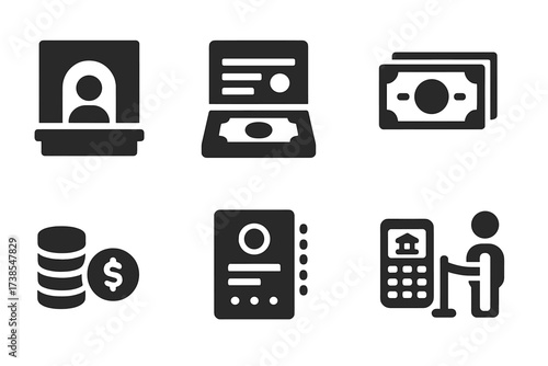 Banking Operations Icons. Solid, filled icon set of banking operations: teller window, cash drawer, account book, banknote stack, coin pile, digital ledger,