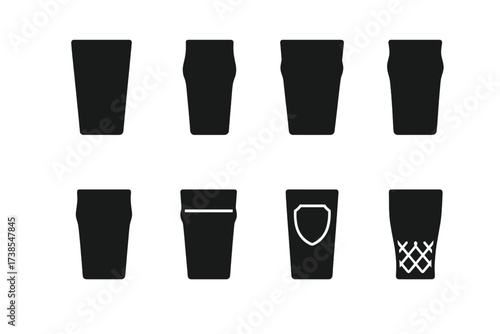 Pint Glass Icon Set. Solid, filled icon set of pint glass designs: straight pint, tulip pint, shaker pint, nonic pint, curved pint, plastic pint, souvenir